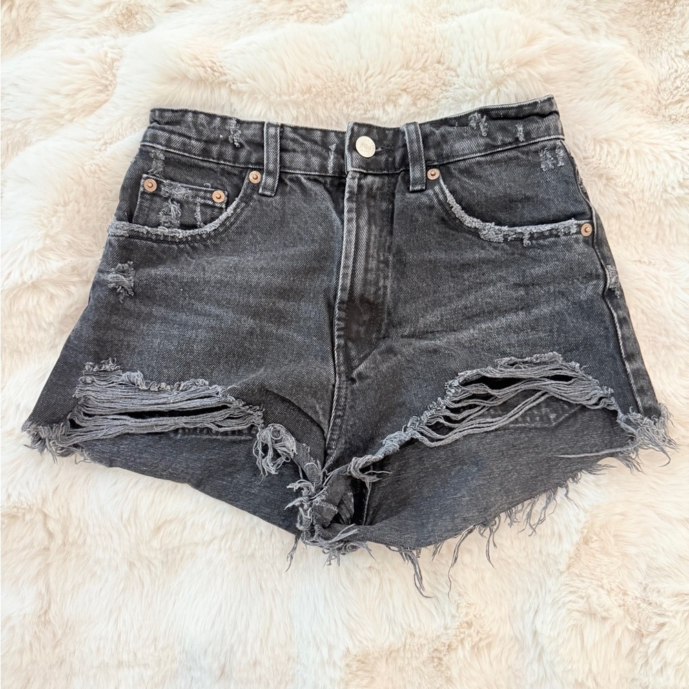 Zara Black High-Waisted Jean Shorts Distressed